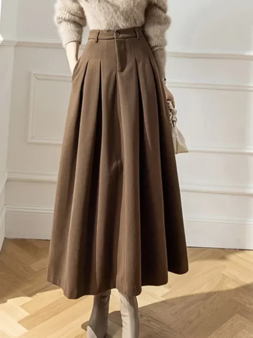 Women Maxi Skirt Korean Elegant Office Lady Long Skirt Autumn Winter Warm Pleated Skirts Ladies Casual