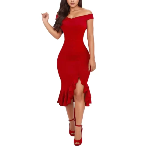 Women Off Shoulder Floral Print Bodycon Dress Solid Color Ruffle Hem Slit Asymmetry Dresses Women s 3