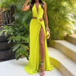 Women Sexy V Neck High Split Maxi Dress