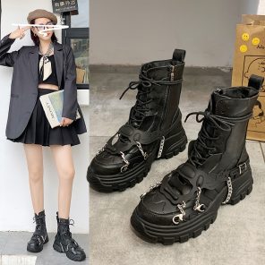 Women Shoes Platform Boots Punk Gothic for Women Boots Combat Ladies Black Metal Button Woman Motorcycle 1