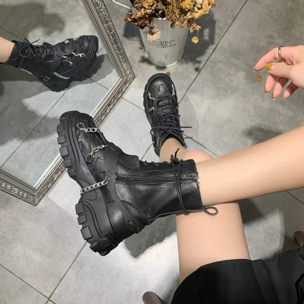 Women Shoes Platform Boots Punk Gothic for Women Boots Combat Ladies Black Metal Button Woman Motorcycle 3