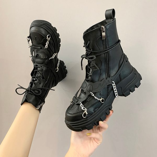 Women Shoes Platform Boots Punk Gothic for Women Boots Combat Ladies Black Metal Button Woman Motorcycle