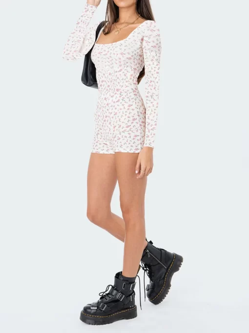 Women Shorts Jumpsuit Floral Print Casual Square Neck Long Sleeve T shirt Bodysuit Playsuit Clubwear 2