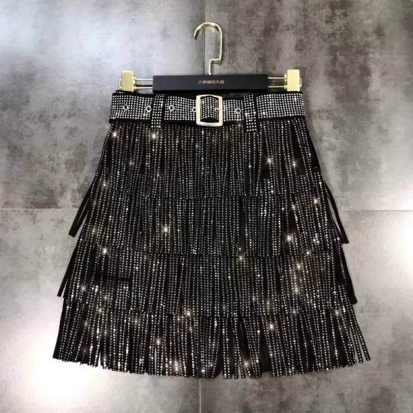 Women Skirt Fashion 2022 New Autumn High Waist Belt Multi Layer Short Heavy Drilling Rhinestones Fringed