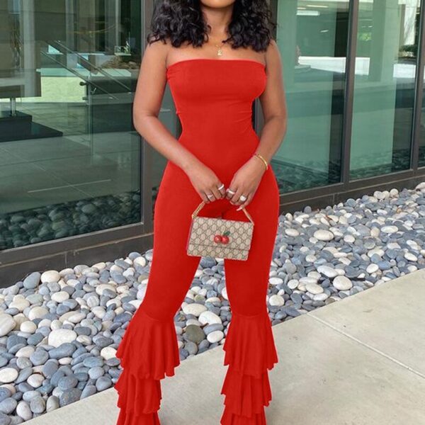 Women Strapless Bodycon Sexy Casual Jumpsuit Red Fashion New Backless Rompers Stacked Flared Pants Streetwear Overalls 2