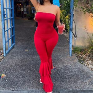 Women Strapless Bodycon Sexy Casual Jumpsuit Red Fashion New Backless Rompers Stacked Flared Pants Streetwear Overalls