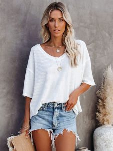 Women Summer Casual Solid Short Sleeve T Shirt Basic V Neck Batwing Sleeve Tops Fashion Loose