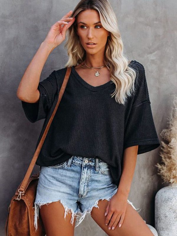 Women Summer Casual Solid Short Sleeve T Shirt Basic V Neck Batwing Sleeve Tops Fashion Loose 3