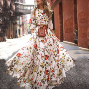 Women Summer Dress Floral Print Maxi Dresses Half Sleeve Boho Dresses Swing Floral Printed Holiday Long