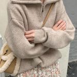 Women Sweater Oversize Zipper Knitted Pullover Long Sleeve