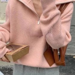 Women Sweater Oversize Zipper Knitted Pullover Long Sleeve Solid Color Loose Ladies Sweaters Autumn Winter Women jpg x
