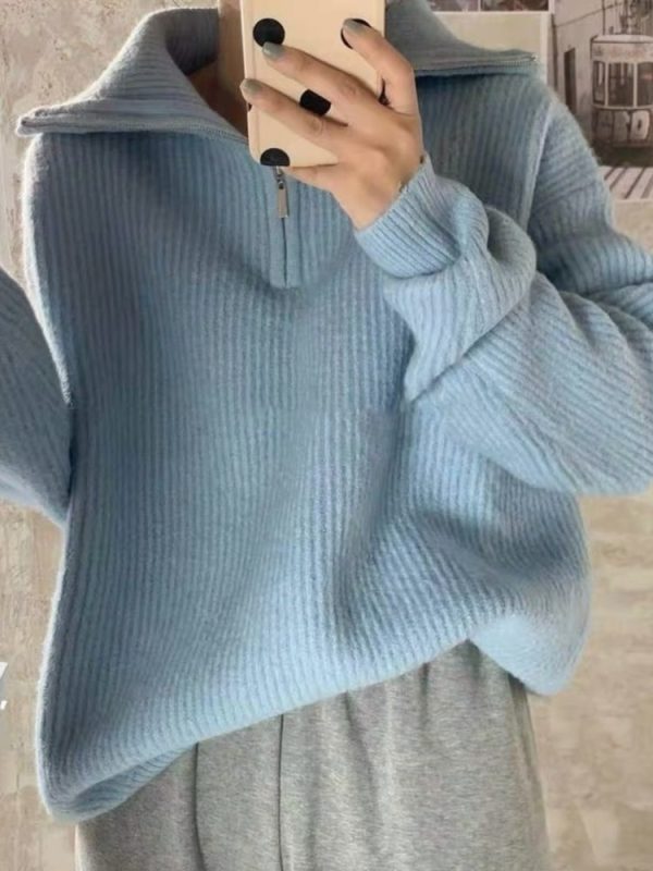 Women Sweater Oversize Zipper Knitted Pullover Long Sleeve Solid Color Loose Ladies Sweaters Autumn Winter Women