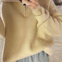 Women Sweater Oversize Zipper Knitted Pullover Long Sleeve Solid Color Loose Ladies Sweaters Autumn Winter Women jpg x
