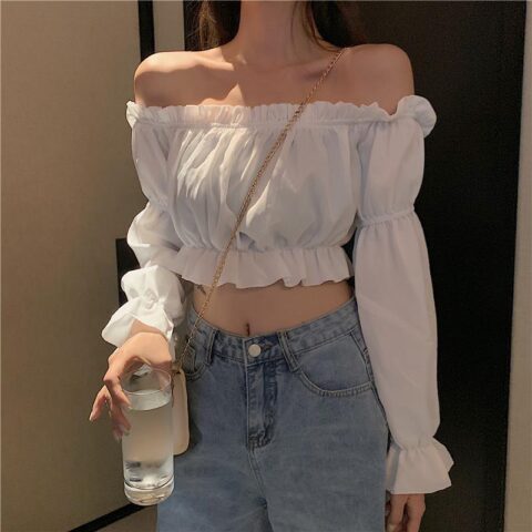 Women Top Sexy Blouse Off Shoulder Top Long Sleeve Club Party White Shirt Puff Sleeve Ruffle