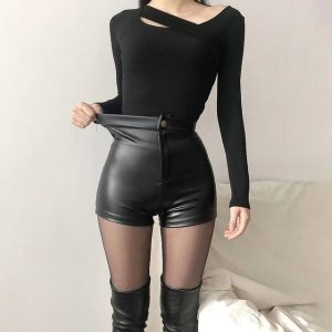 Women s Black Goth Pants Shorts High Waist Spring Autumn Fashion Tight Sexy Stretch YK Corduroy jpg x