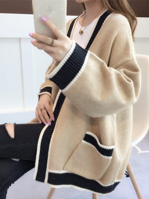 Women s Cardigan Knitted Korean Fashion Stripe Wool Sweater for Women Winter Long Sleeve V neck 3