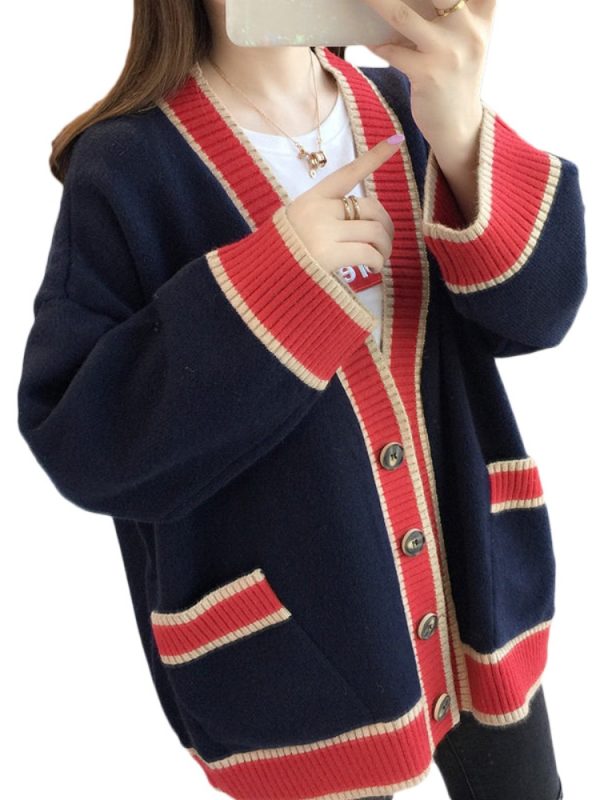 Women s Cardigan Knitted Korean Fashion Stripe Wool Sweater for Women Winter Long Sleeve V neck 4