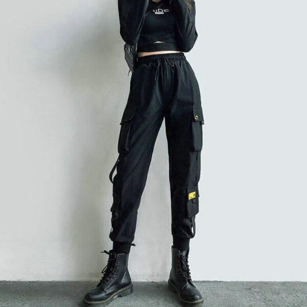 Women s Cargo Pants Black Ribbon Pocket Jogger Elastic Waist High Streetwear Harajuku Pant Punk Females 1
