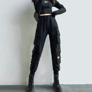 Women s Cargo Pants Black Ribbon Pocket Jogger Elastic Waist High Streetwear Harajuku Pant Punk Females