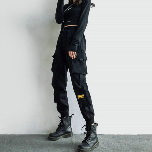 Women s Cargo Pants Black Ribbon Pocket Jogger Elastic Waist High Streetwear Harajuku Pant Punk Females 3