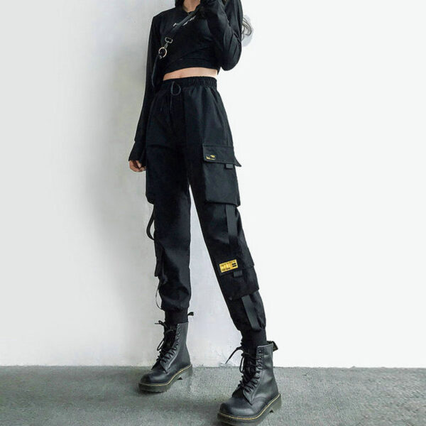 Women s Cargo Pants Black Ribbon Pocket Jogger Elastic Waist High Streetwear Harajuku Pant Punk Females 4
