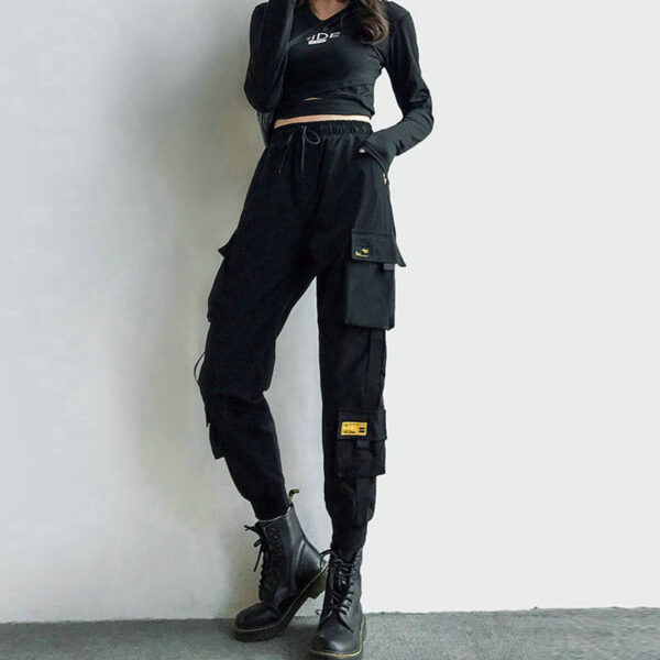 Women s Cargo Pants Black Ribbon Pocket Jogger Elastic Waist High Streetwear Harajuku Pant Punk Females 5
