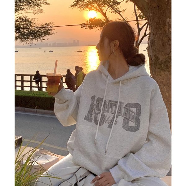 Women s Clothing Light Grey Hoodie Letter Embroidery Drawstring Sweatshirt Korean Fashion Leisure Winter New Tops 1