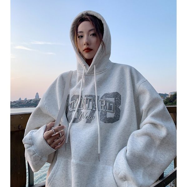 Women s Clothing Light Grey Hoodie Letter Embroidery Drawstring Sweatshirt Korean Fashion Leisure Winter New Tops 2