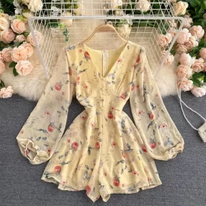 Women s French Style Vintage Floral Print Jumpsuit V neck Puff Sleeve Waist Hugging Slimming All