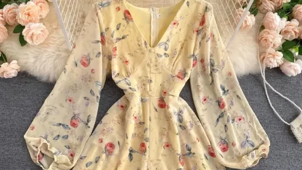 Women s French Style Vintage Floral Print Jumpsuit V neck Puff Sleeve Waist Hugging Slimming All