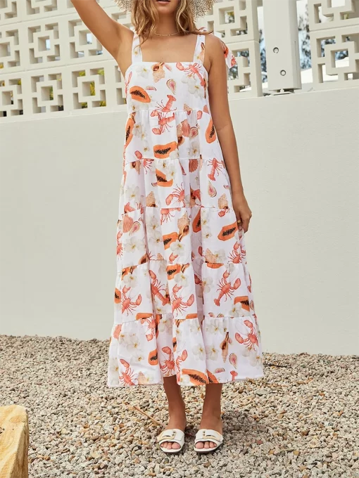 Women s Long Beach Dress Lobster Print Tiered Dress Sleeveless Slip Dress Swing Maxi Dress 2