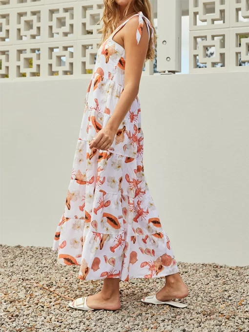 Women s Long Beach Dress Lobster Print Tiered Dress Sleeveless Slip Dress Swing Maxi Dress 3