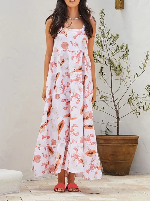 Women s Long Beach Dress Lobster Print Tiered Dress Sleeveless Slip Dress Swing Maxi Dress