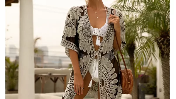 Women s Long Swimsuit Cover Up Half Sleeve Floral Crochet Open Front Kimono Beachwear Bathing Suit