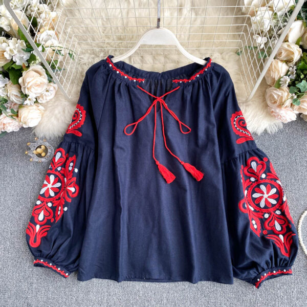 Women s Retro Blouse National Style Embroidered Lace Up Tassel V Neck Lantern Sleeve Tops Loose 1