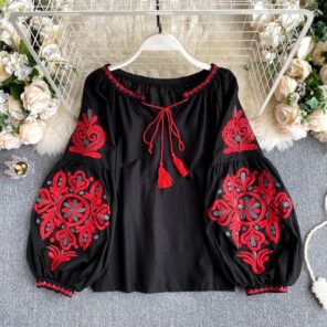 Women s Retro Blouse National Style Embroidered Lace Up Tassel V Neck Lantern Sleeve Tops Loose 1.jpg 640x640 1