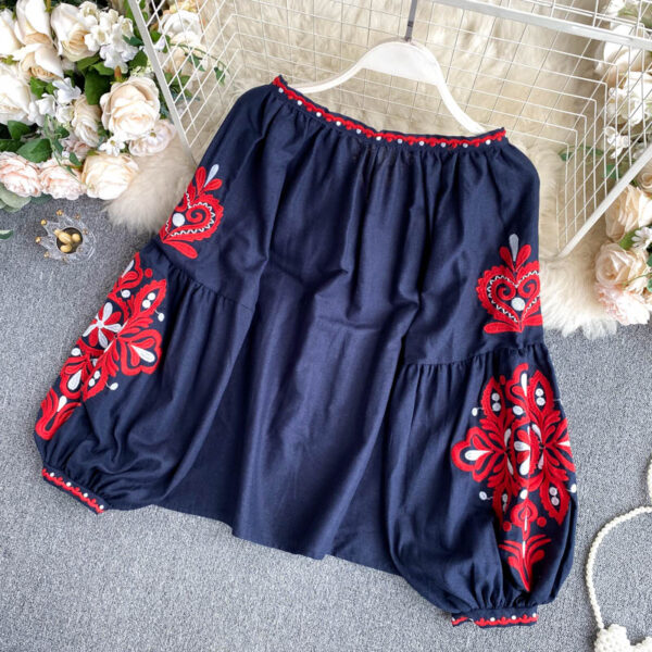 Women s Retro Blouse National Style Embroidered Lace Up Tassel V Neck Lantern Sleeve Tops Loose 2
