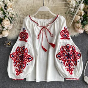 Women s Retro Blouse National Style Embroidered Lace Up Tassel V Neck Lantern Sleeve Tops Loose