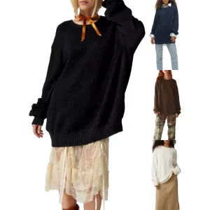 Women s Rib Knit Pullover Loose Dresses Autumn Winter Warm Fashion Crewneck Long Sleeve Mini Sweater 4
