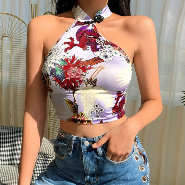 Women s Sexy Dragon Flower Printed Halter Sleeveless Backless Skinny Slim Cropped Tank Tops Summer Casual 1