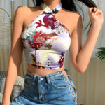 Women s Sexy Dragon Flower Printed Halter Sleeveless