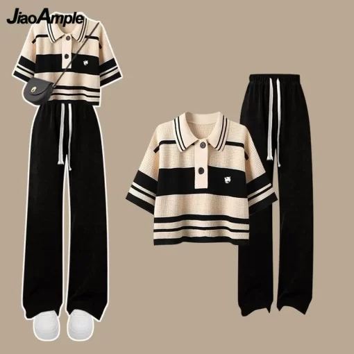 Women s Summer Tracksuit 2023 New Fashion Stripe Short Sleeve T shirt Casual Pants Two Piece 1