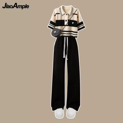 Women s Summer Tracksuit 2023 New Fashion Stripe Short Sleeve T shirt Casual Pants Two Piece 2
