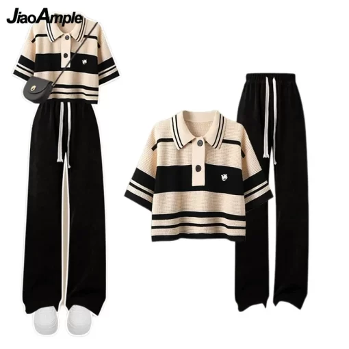 Women s Summer Tracksuit 2023 New Fashion Stripe Short Sleeve T shirt Casual Pants Two Piece 3