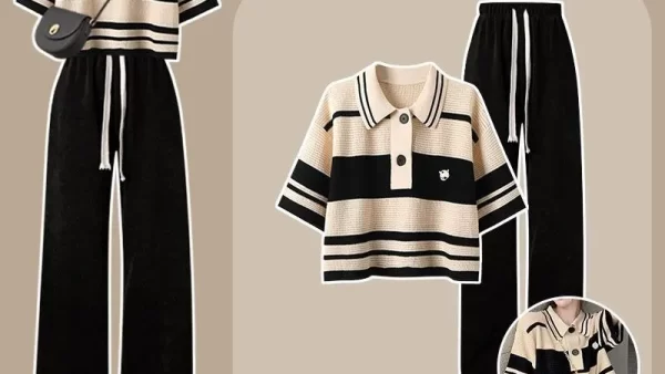 Women s Summer Tracksuit 2023 New Fashion Stripe Short Sleeve T shirt Casual Pants Two Piece