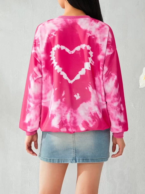 Women s Tie Dye Pullover Tops Long Sleeve Crew Neck Heart Print Loose Fit Sweatshirts Spring 1