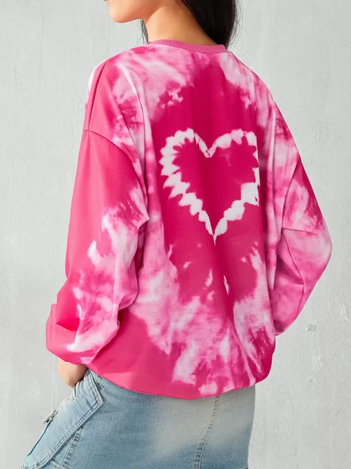 Women s Tie Dye Pullover Tops Long Sleeve Crew Neck Heart Print Loose Fit Sweatshirts Spring 2