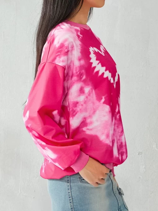 Women s Tie Dye Pullover Tops Long Sleeve Crew Neck Heart Print Loose Fit Sweatshirts Spring 3