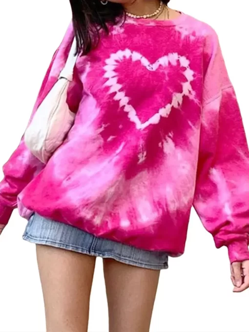 Women s Tie Dye Pullover Tops Long Sleeve Crew Neck Heart Print Loose Fit Sweatshirts Spring 5