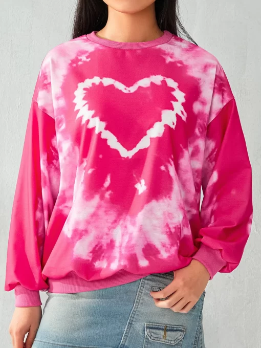 Women s Tie Dye Pullover Tops Long Sleeve Crew Neck Heart Print Loose Fit Sweatshirts Spring